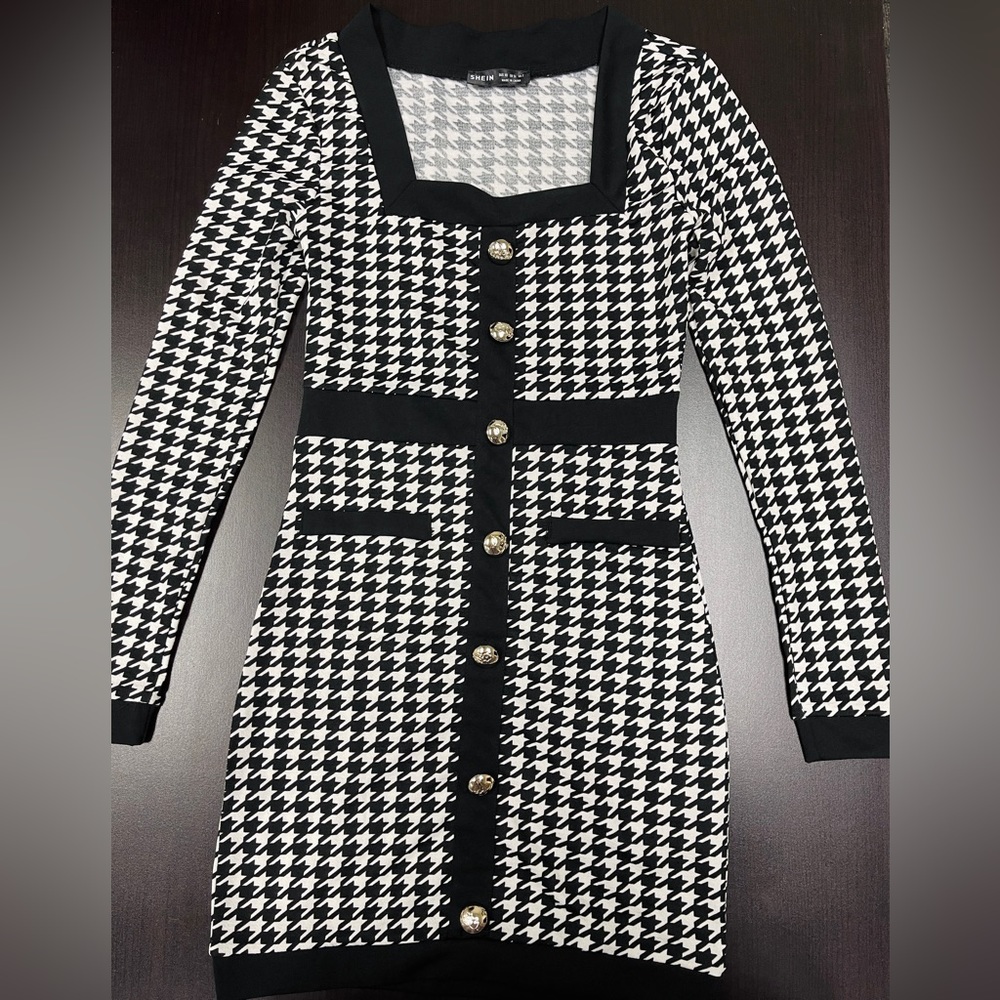 New Shein Button Front Square Neck Houndstooth Bodycon Dress, SIZE XS but Like S